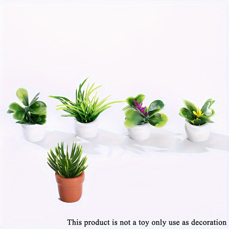 Set of 5 artificial mini potted plants for dollhouse decor or garden decoration.