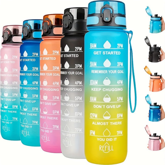 32oz BPA-free sports water bottle with time scale, straw, gradient color design. Ideal for fitness and outdoor activities.