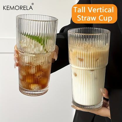 KEMORELA Large Capacity Vertical Striped Glass Cups, with or without lid, for cold drinks, juice, coffee, and water.