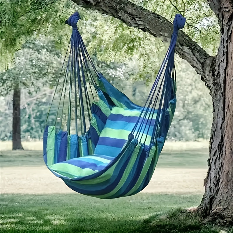 Blue & Green Striped Hammock Chair with Wooden Rod for Indoor/Outdoor Relaxation.