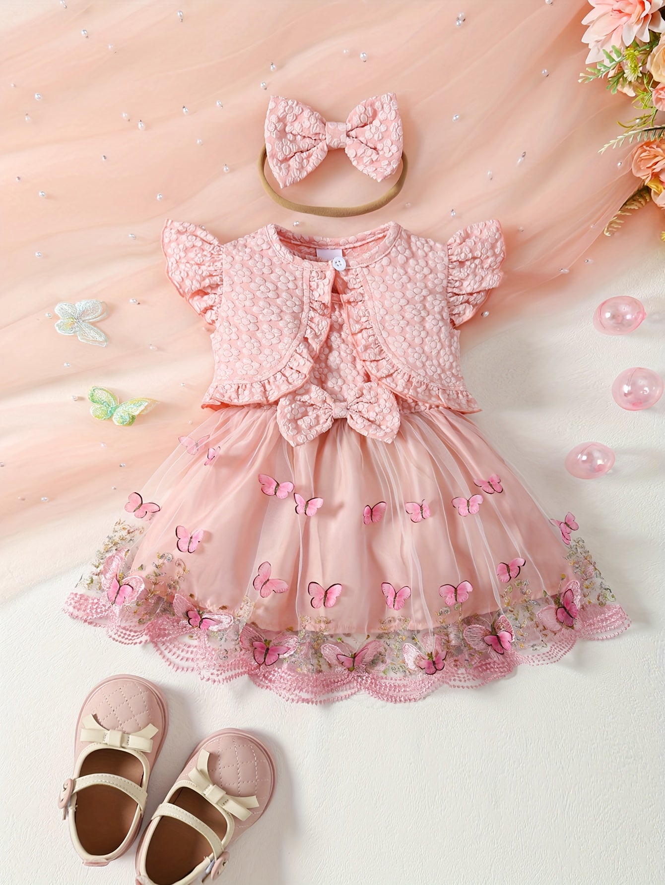 3-piece girls' summer outfit: Pink butterfly embroidered tulle dress with ruffle sleeves, polyester crop top with bow headband set. Machine washable, great for special occasions or outdoor