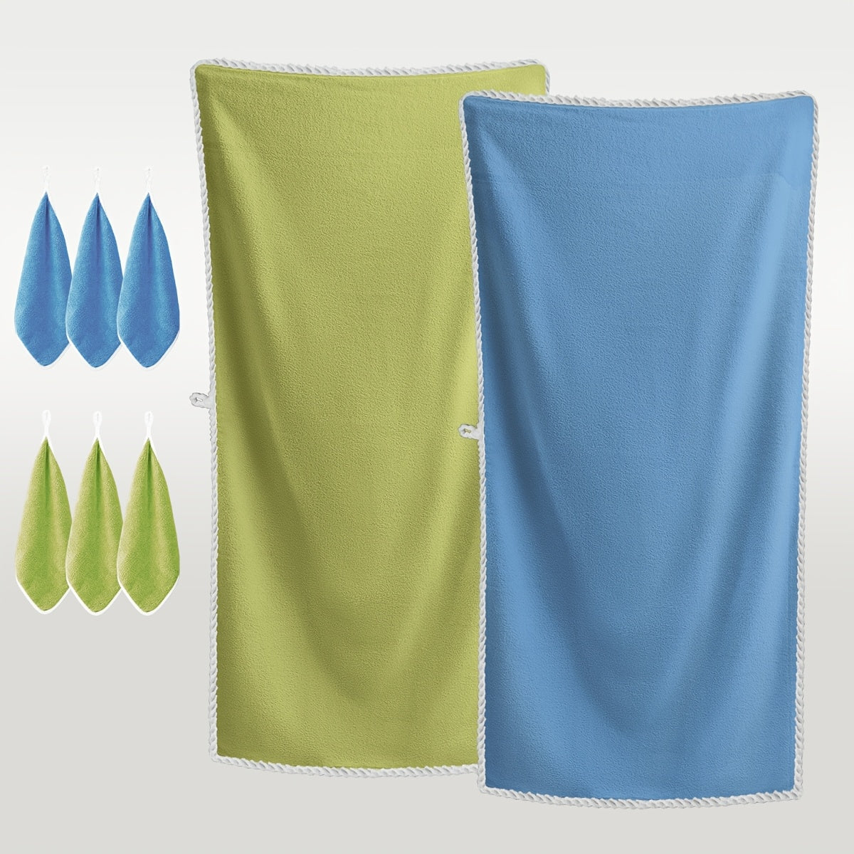 8-piece set of large, super soft, absorbent towels with hair drying turban.