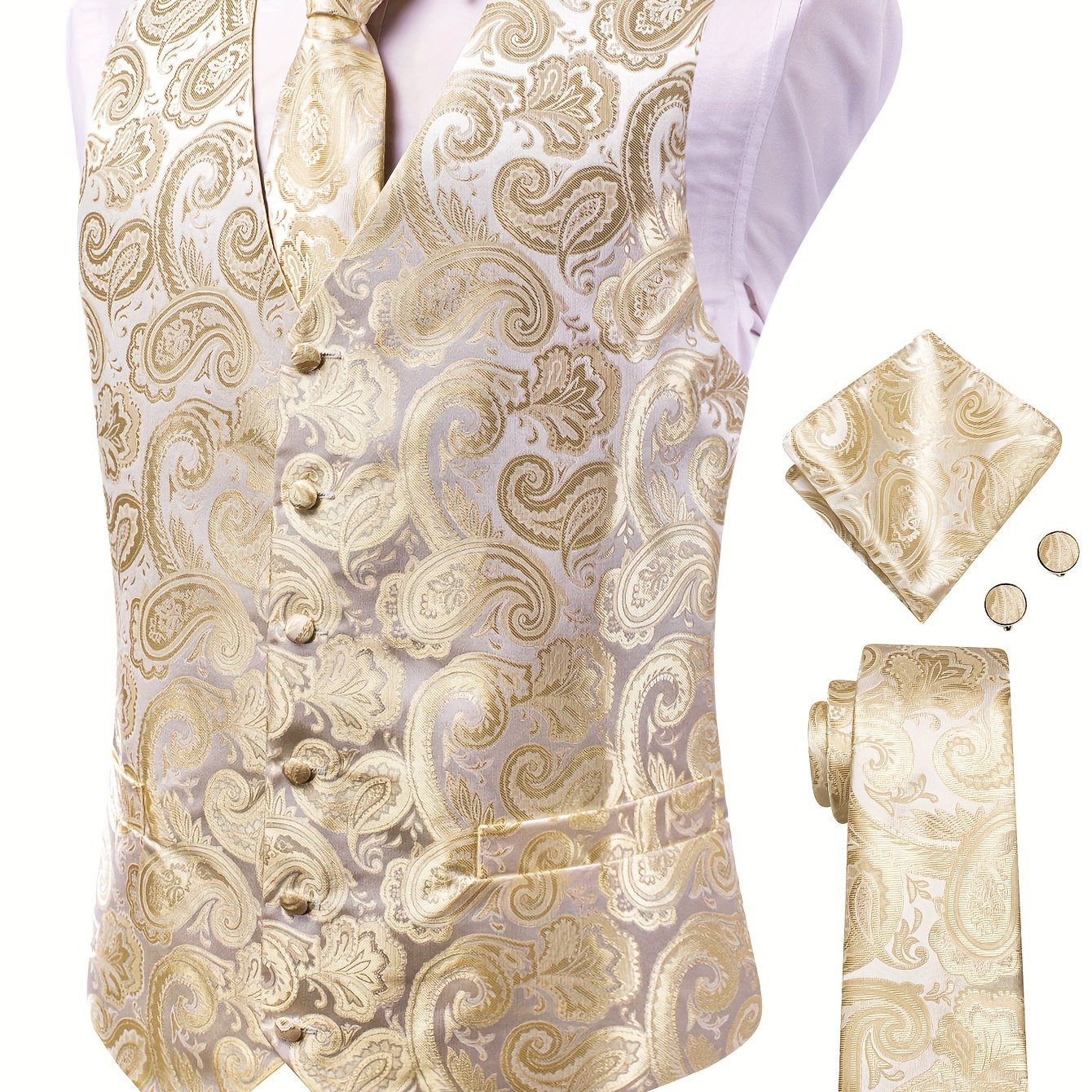 White paisley pattern accessories for big men: waistcoat, necktie, hanky, and cufflinks