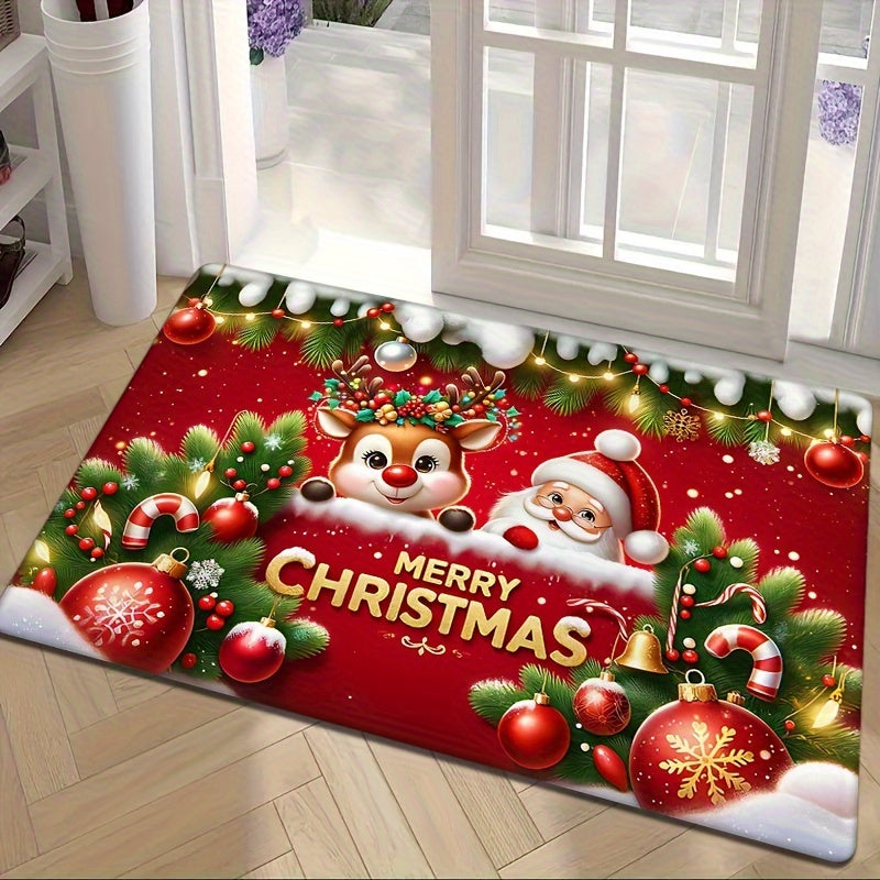 Get into the holiday spirit with this festive red flannel Christmas carpet featuring a non-slip Santa Claus and reindeer pattern. This thickened sponge carpet is perfect for adding a touch of Christmas cheer to your home decor. Use it as a door mat