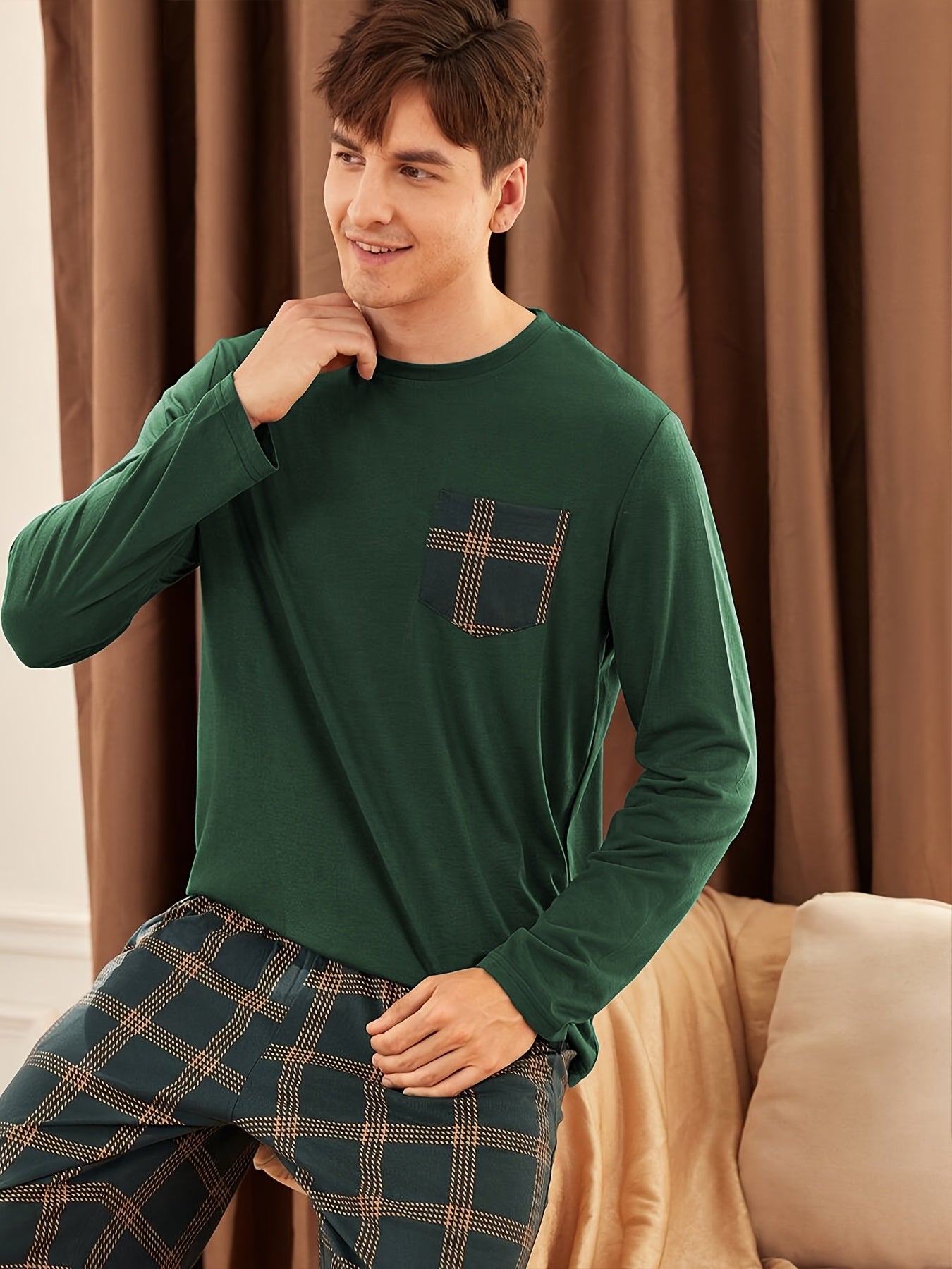 Dark green men's long-sleeve shirt and plaid trousers pajama set