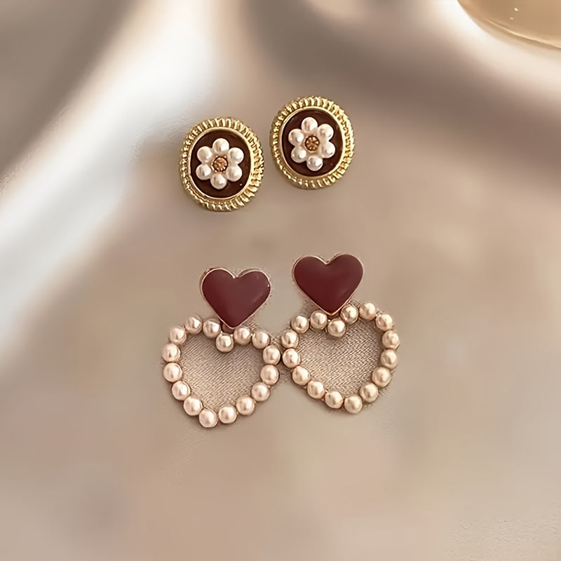 5 pairs of elegant faux pearl love heart earrings for women, suitable for daily wear and dating.