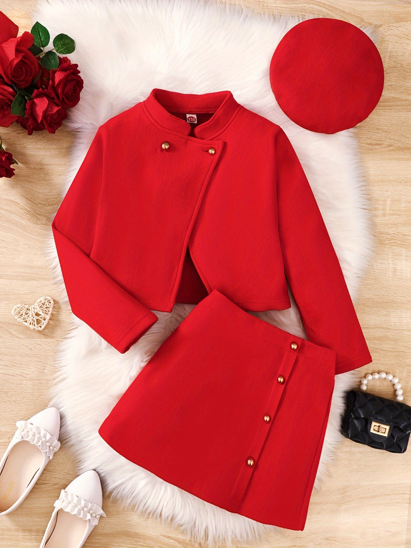 Three-piece set for tween girls in a new Chinese style with stand-up collar and buttoned skirt. Includes red coat, skirt, and beret. Machine washable with fitted design and short skirt