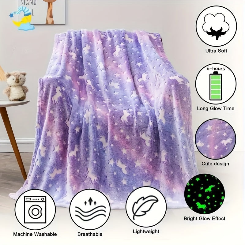 Enchanting Unicorn & Star Pattern Luminous Throw Blanket - Glow-in-the-Dark, Ultra-Soft Plush Flannel Fleece - Perfect for Kids' Rooms, Couch, Bed - Great for Birthdays, Christmas, Halloween, Thanksgiving, Easter - One Piece