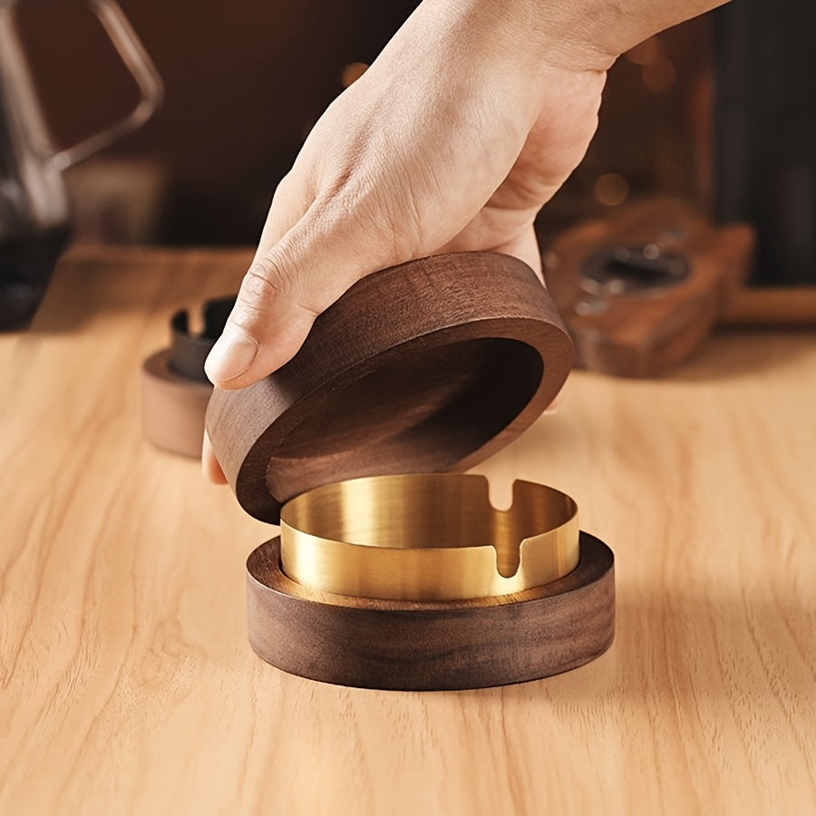 Solid wood ashtray with lid for home or office use, designed to prevent fly ash.