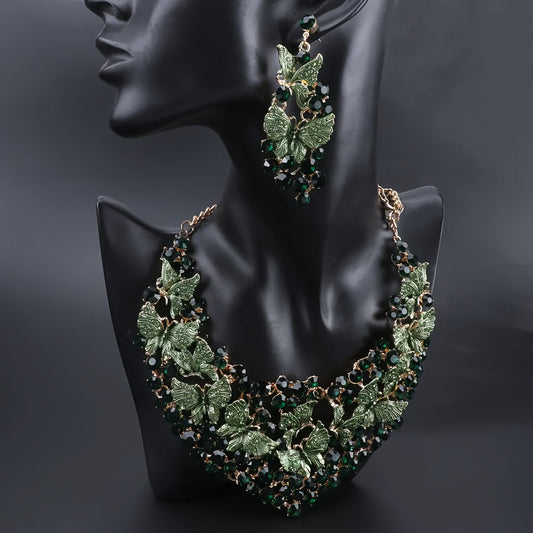 Vintage luxury butterfly jewelry set featuring a synthetic rhinestone necklace and earrings, crafted from alloy. Inspired by December birthstone and animal theme, perfect for weddings, parties, or as a Valentine's Day gift. Embrace retro and luxury style