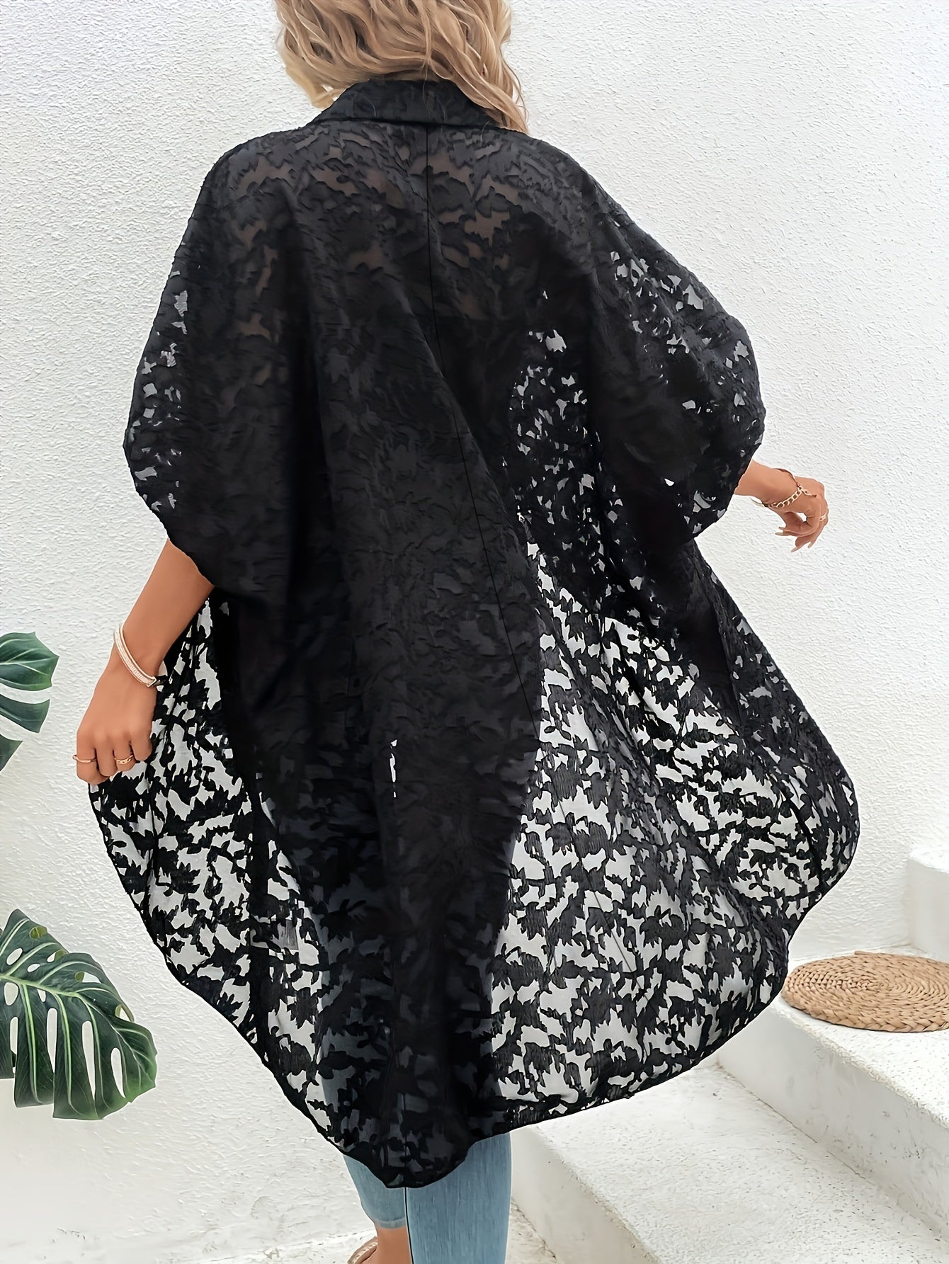 Jacquard High Low Hem Blouse with Batwing Sleeve Collar, Plus Size Women's Clothing