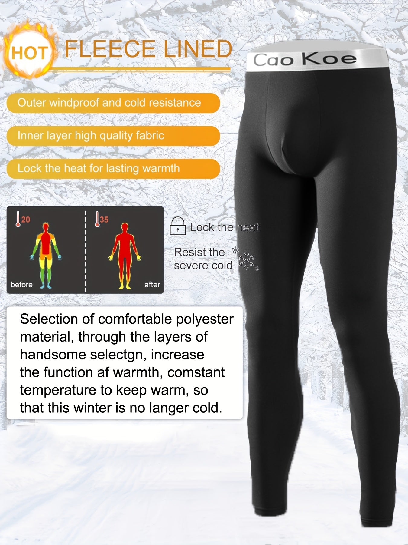 Men's slim fit thermal leggings with fleece lining for winter activities