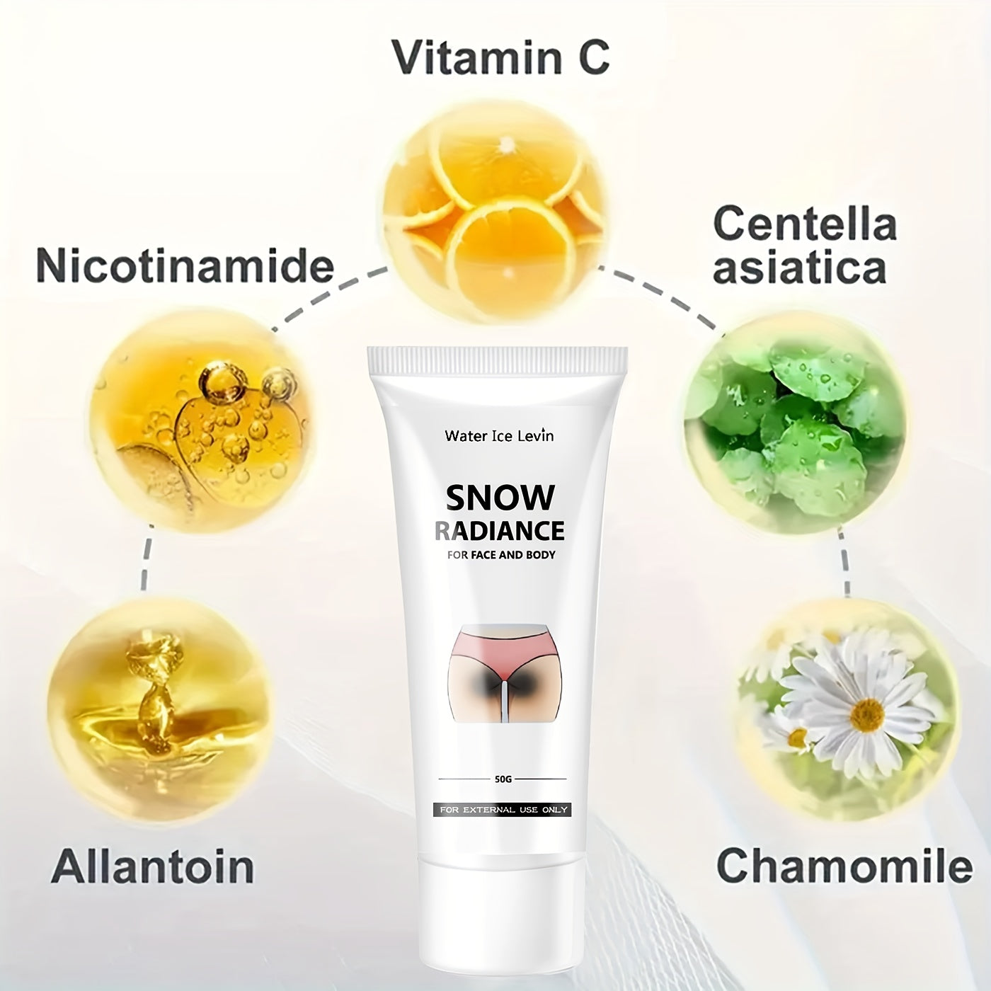 Snowflake Cream contains vitamin C, niacinamide, and centella asiatica for energizing and brightening various body areas.