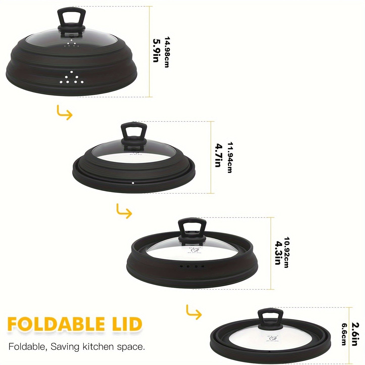 Space-saving kitchen accessory with a ventilated tempered glass lid that fits plates and bowls. Includes anti-scald handle and collapsible design.