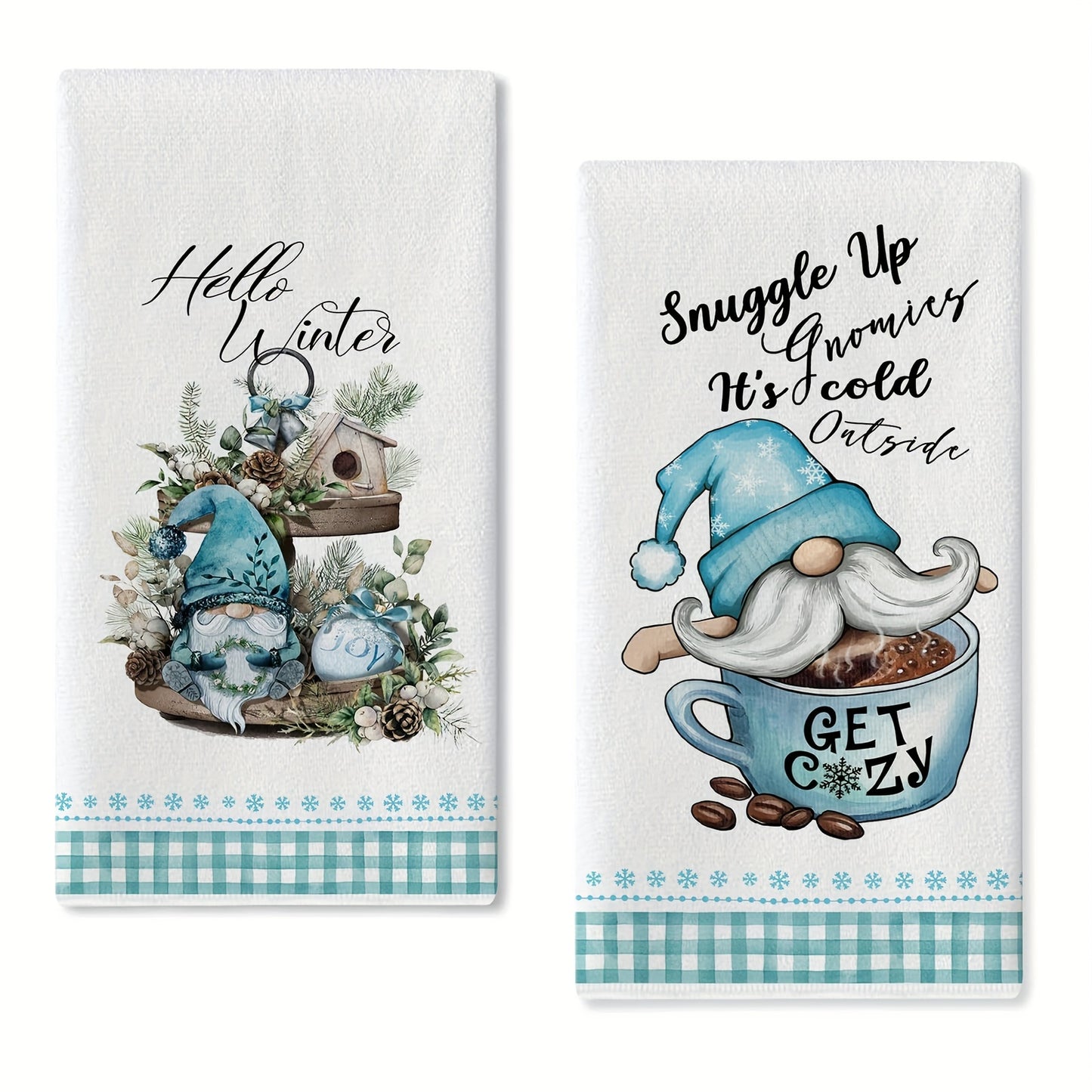 2PCS Christmas fingertip towels with polyester gnome and hot cocoa design, absorbent woven fabric, machine washable, oblong shape, 250gsm, 40.64x60.96 cm.