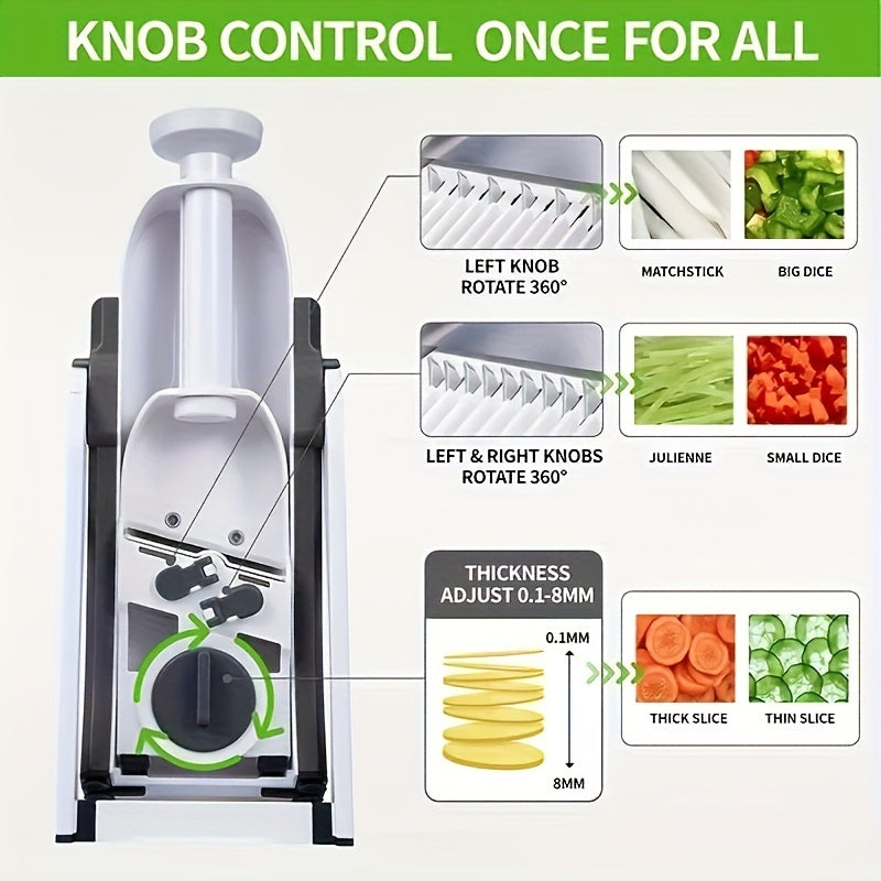 Manual vegetable chopper and slicer with interchangeable blades, made of stainless steel and plastic. A safe and easy-to-use kitchen gadget for chefs at home. Suitable for cutting fruits, vegetables, potato chips, and dicing onions.