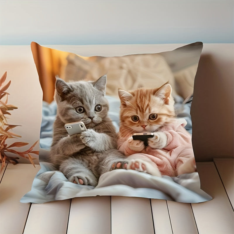 Adorable kitten print pillowcase - French style, 44.96cm x 44.96cm, machine washable, zippered closure, 100% polyester. Ideal for living room and bedroom decor (pillow insert not included).