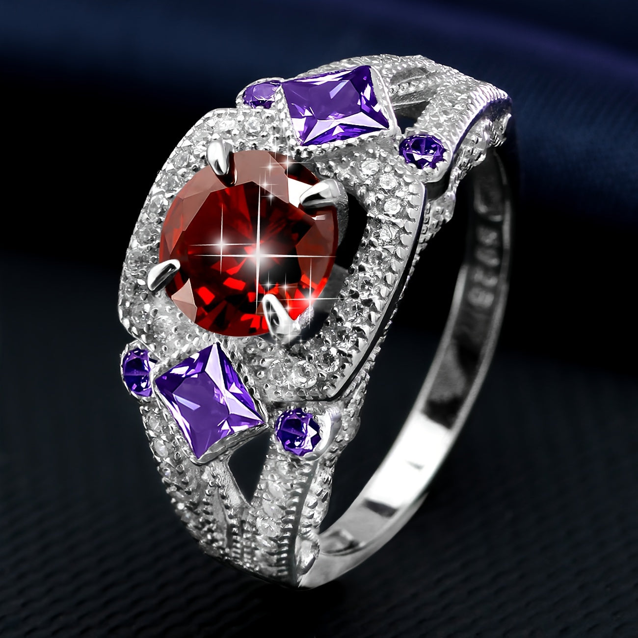 A stunning S925 Sterling Silver Ring with 24K Golden Plating, adorned with vibrant Multicolor Cubic Zirconia and Purple Gemstones - Perfect for Weddings, Parties, or as a Valentine's Day Gift. Includes a luxurious gift box, crafted with high-quality