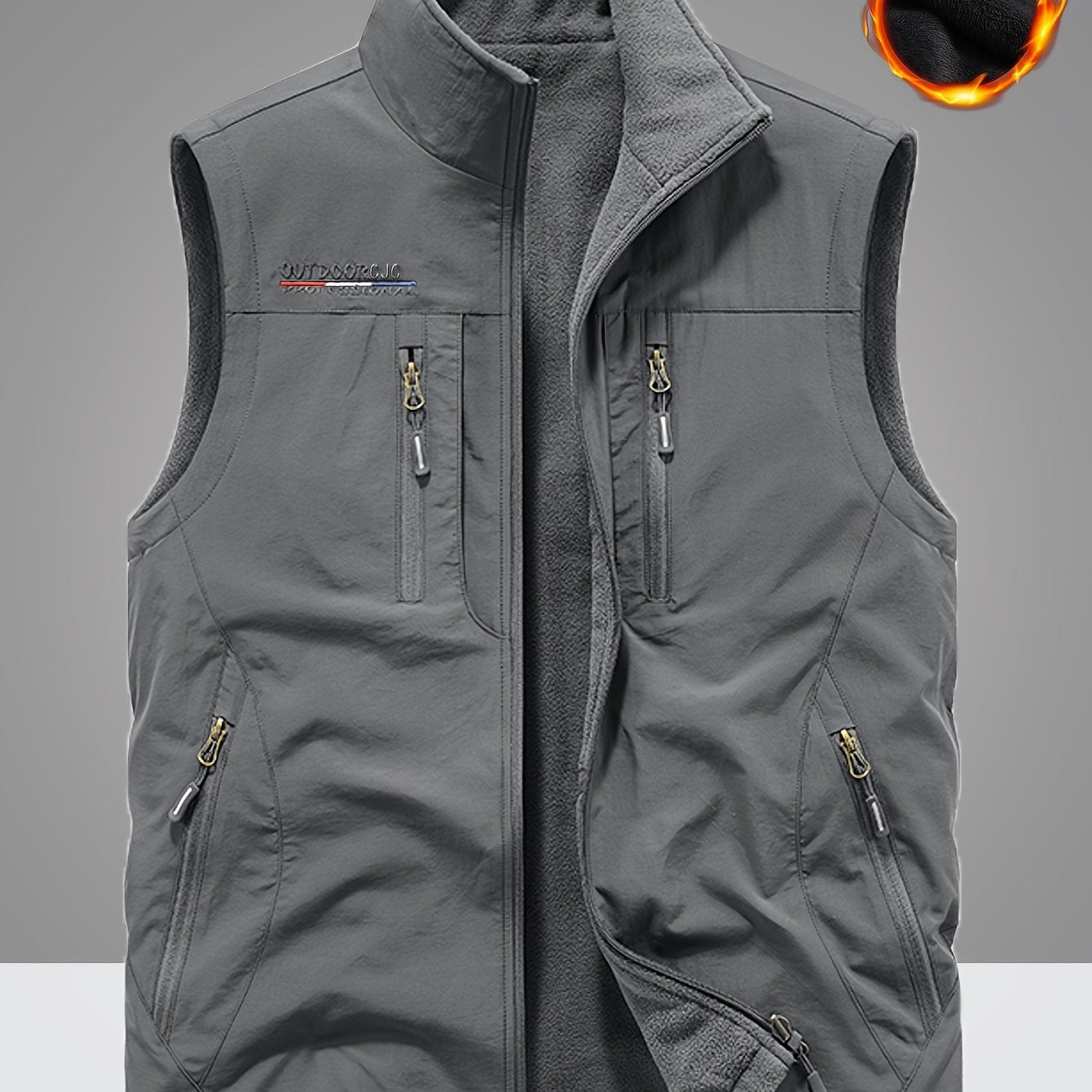 Thickened casual vests for men in autumn with fleece lining, multiple pockets, solid color, ideal for fishing and photography, with zipper.