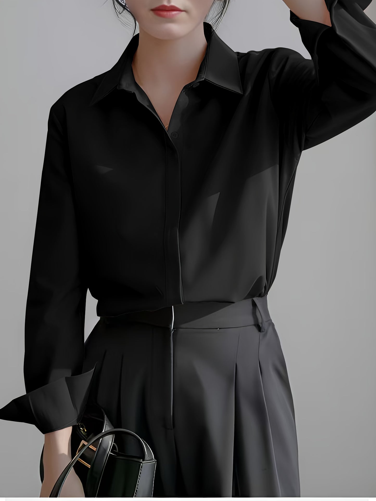 Professional women's long sleeve shirt in solid color, woven polyester with a pointed collar and open front, suitable for all seasons.