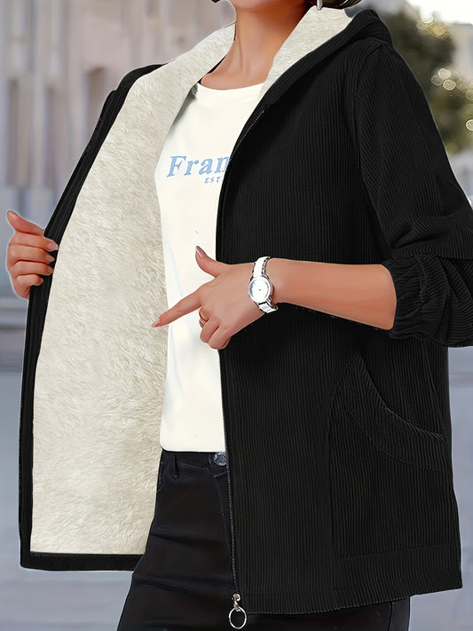 Hooded zip-up jacket for fall & winter, plus-size women's clothing.