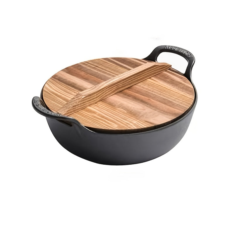 Multi-functional Cast Iron Skillet with Wooden Lid - Ideal for Braising, Sautéing & Deep Frying - Must-Have Kitchen Accessory in Oval Design