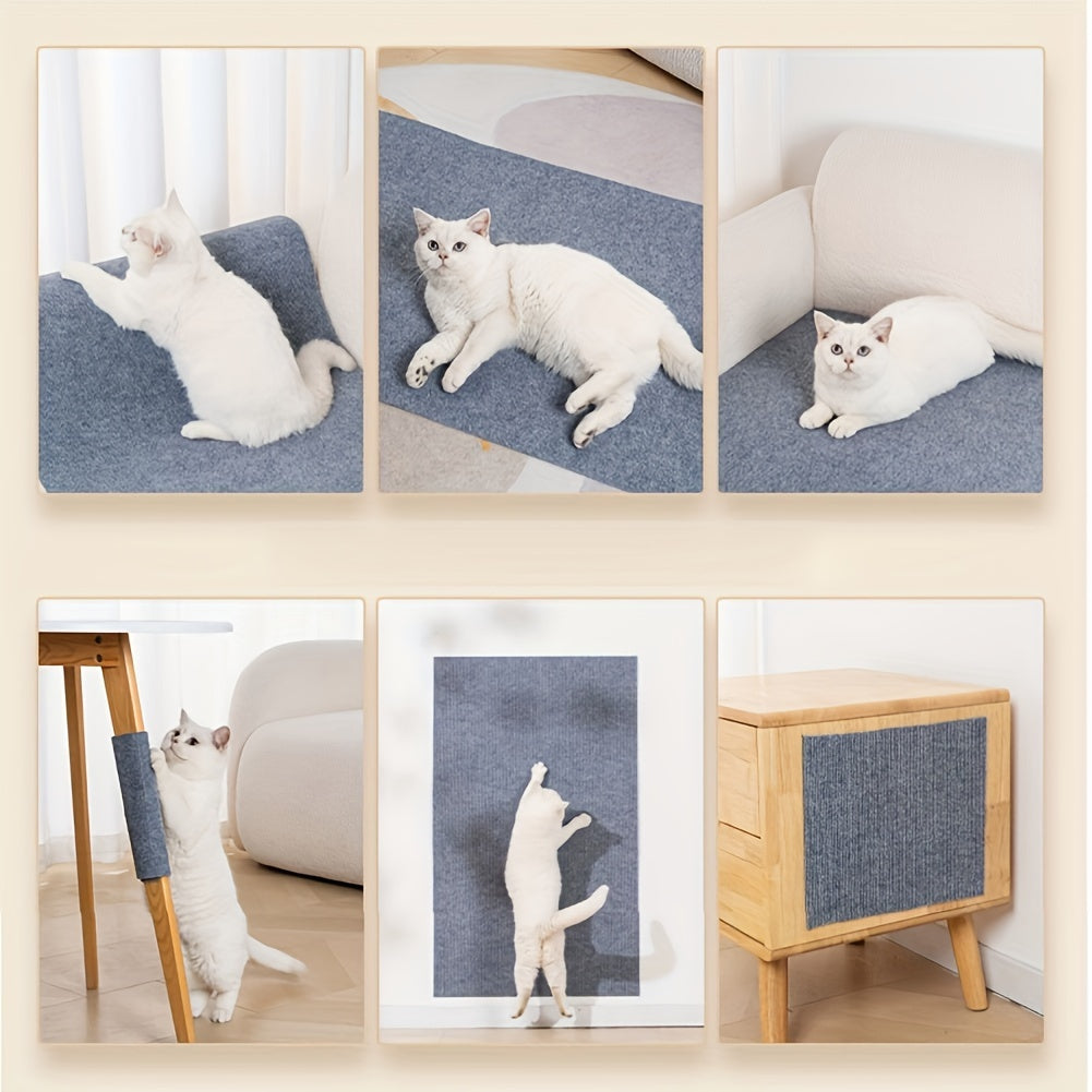 Self-adhesive cat scratching mat protects walls and furniture from cat scratching, made of durable polyester fiber.