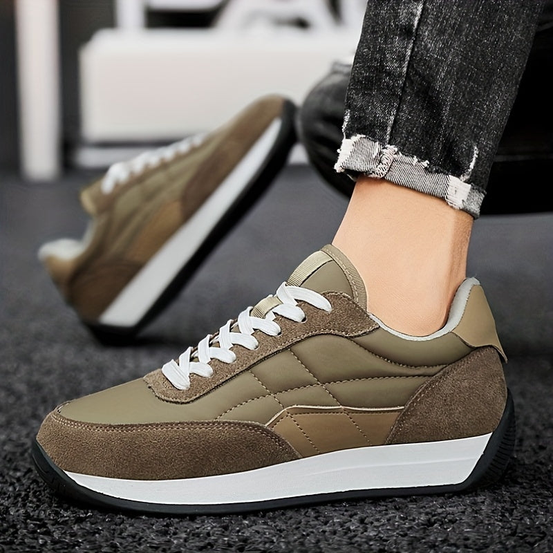 Stylish thick-soled olive green running sneakers with white accents, suitable for all seasons.