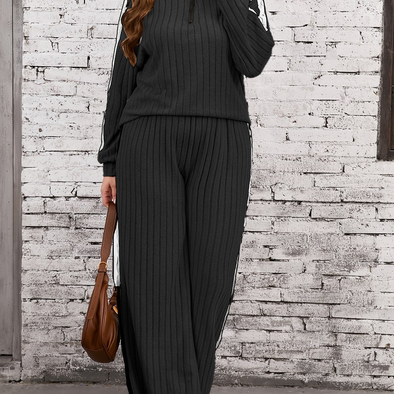 Color block pants set with long sleeve top and pants for fall, plus size women's clothing.