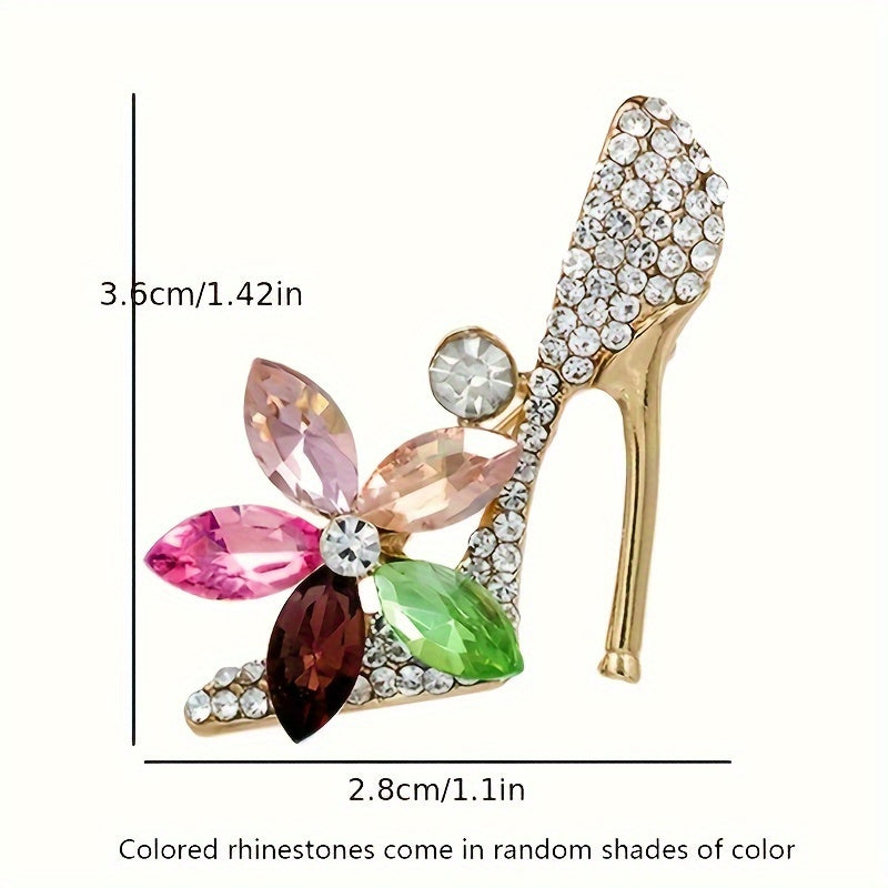 Rhinestone-studded high heel brooch pin with a sparkling finish - Adds a touch of elegance to shirts, suits, cardigans, scarves, and shawls - Ideal for parties and banquets - A fantastic gift idea for women.