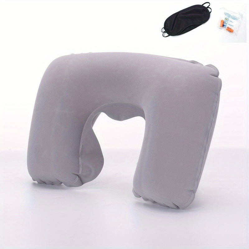 Inflatable U-shaped Travel Pillow Set with Short Plush Cover, PVC Support Headrest, Earplugs, and Eyeshade for Car or Office Use