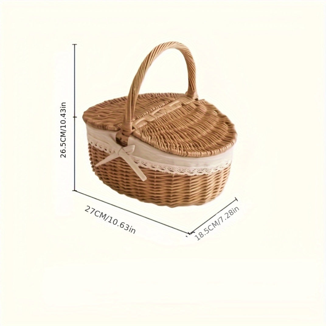 Wicker picnic basket with lid, insulated net, outdoor storage for garden & lawn, wooden frame, ideal for picnics & gardening.