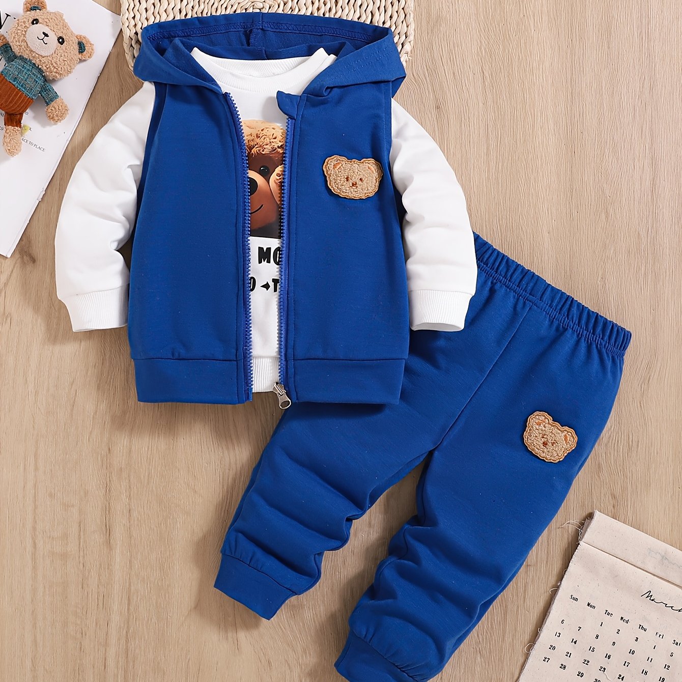 Children's 3-piece Boy Bear Embroidery Set including hooded vest, sweatshirt, and pants. Perfect for spring and autumn outdoor wear, great as a gift.