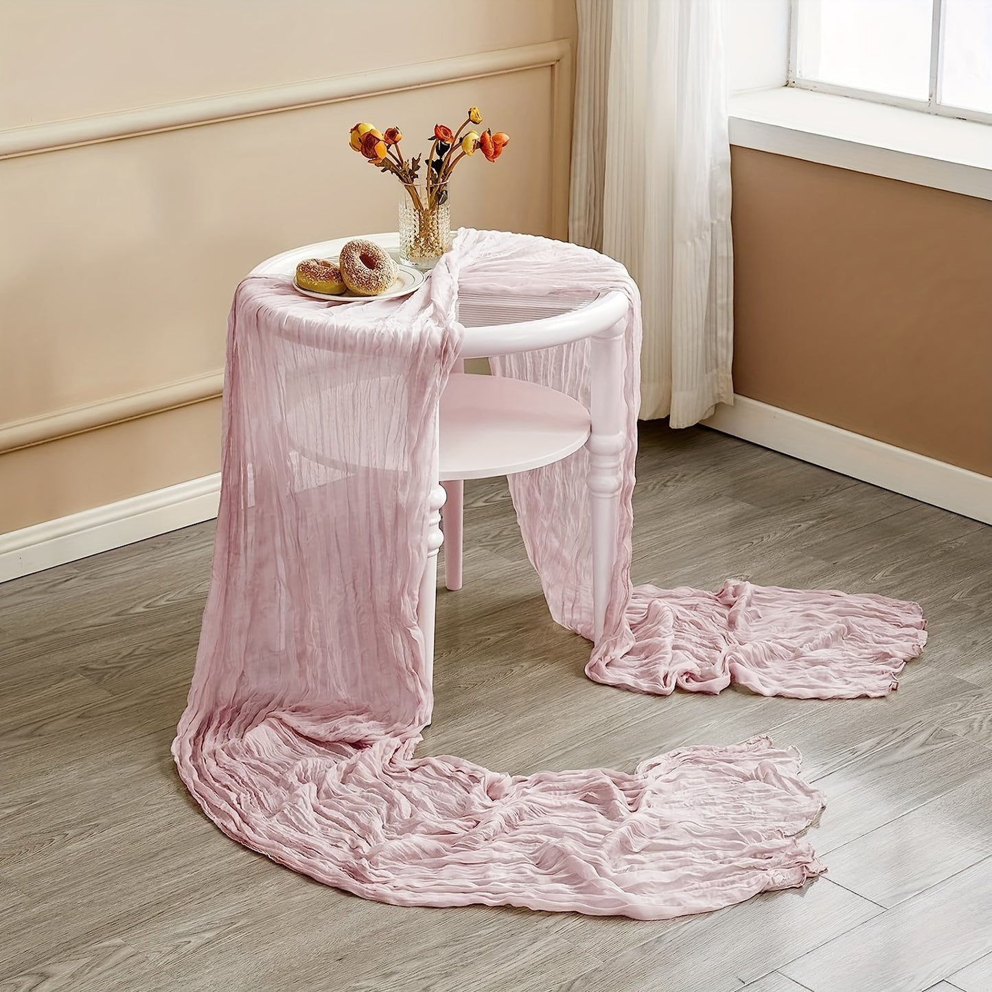 Bohemian gauze table runner for special occasions like weddings, bridal showers, and holidays, in a solid color and woven cheese cloth design.