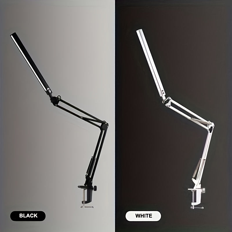 1pc LED desk lamp with 3 lighting modes, metal swing arm, clamp, 10 brightness levels, memory function, great for dorms, studios, and reading.