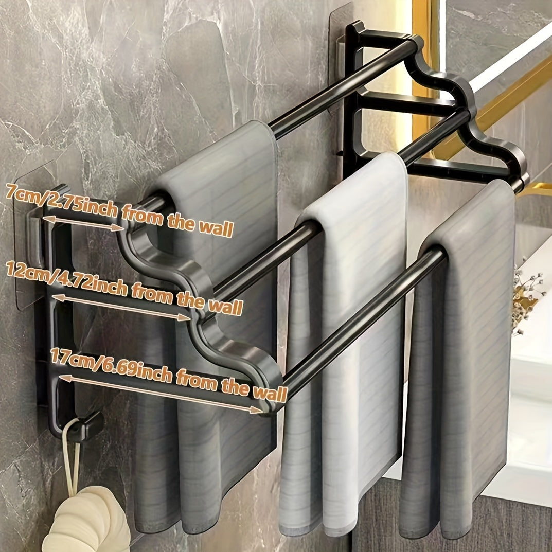 No-installation needed towel rack with dual bars, hooks for towels and durable plastic material, saving bathroom space.