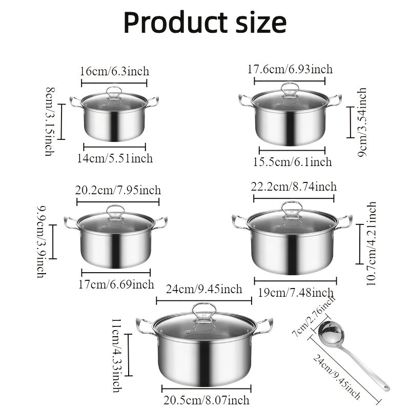 Stainless Steel Cookware Set includes 11 pieces with Heat-resistant Handles and Tempered Glass Lids - Ideal for Cooking a Variety of Meals such as Soups, Milk, and Porridge - Perfect for Healthy Cooking of Soups, Pasta, and Seafood at Home or in