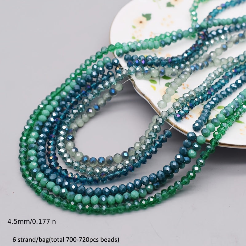 720 pieces of faceted glass rondelle beads measuring 4mm each, sold in a convenient bag. Perfect for crafting jewelry, DIY projects, and adding embellishments to clothing items such as necklaces, bracelets, and more.