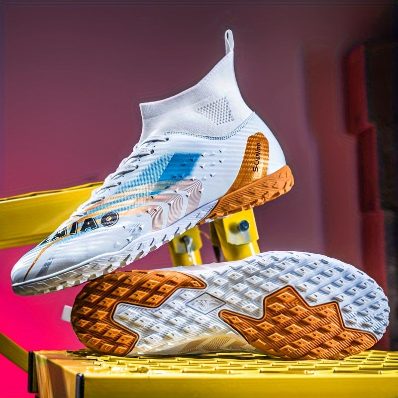 Youth soccer cleats in gold with blue accents, featuring non-slip design and comfortable lining for all-season play.