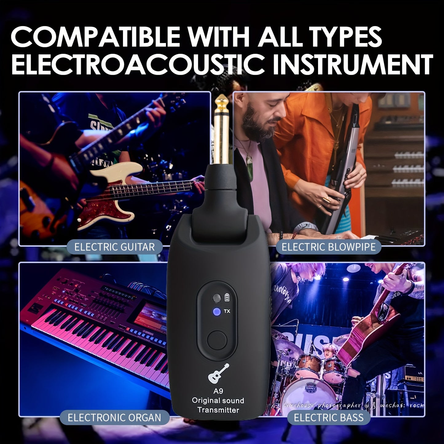 2.4GHz Wireless Guitar System for Various Instruments. Rechargeable Audio Transmitter Receiver.