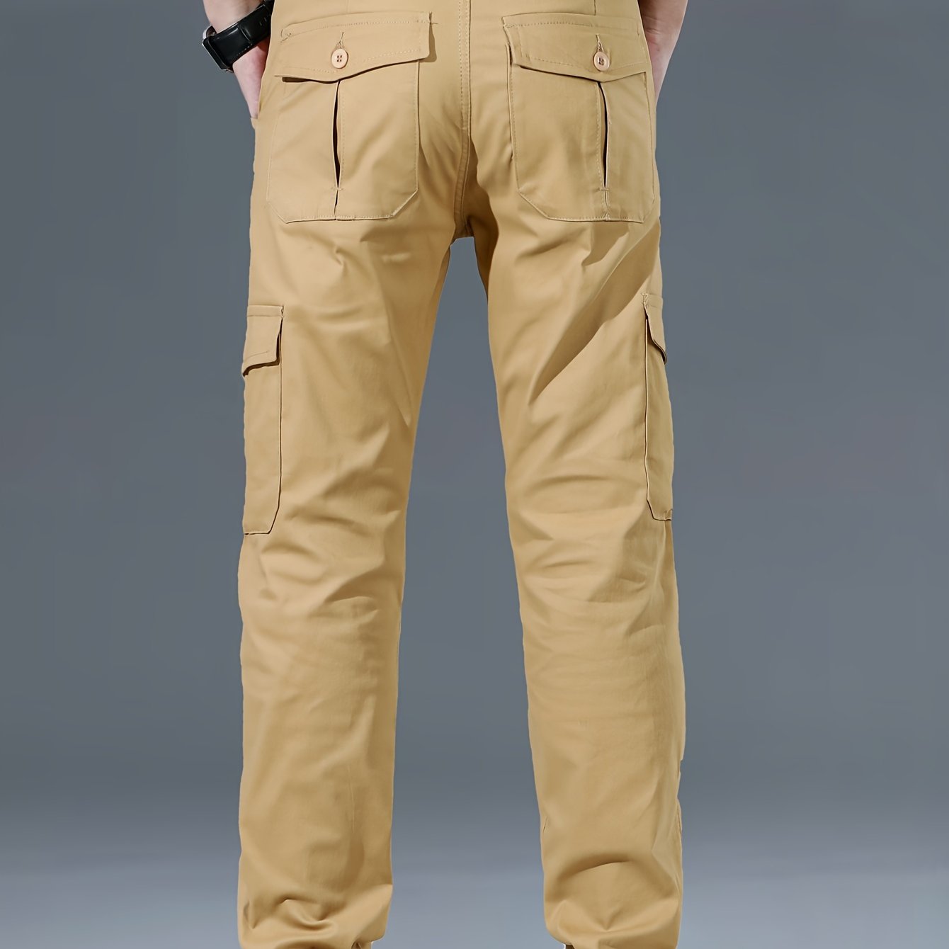 Men's cotton cargo pants, with 97% cotton 3% spandex blend, solid color, regular fit, zipper fly, multiple pockets, all-season wear.