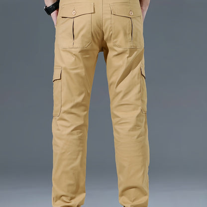 Men's cotton cargo pants, with 97% cotton 3% spandex blend, solid color, regular fit, zipper fly, multiple pockets, all-season wear.