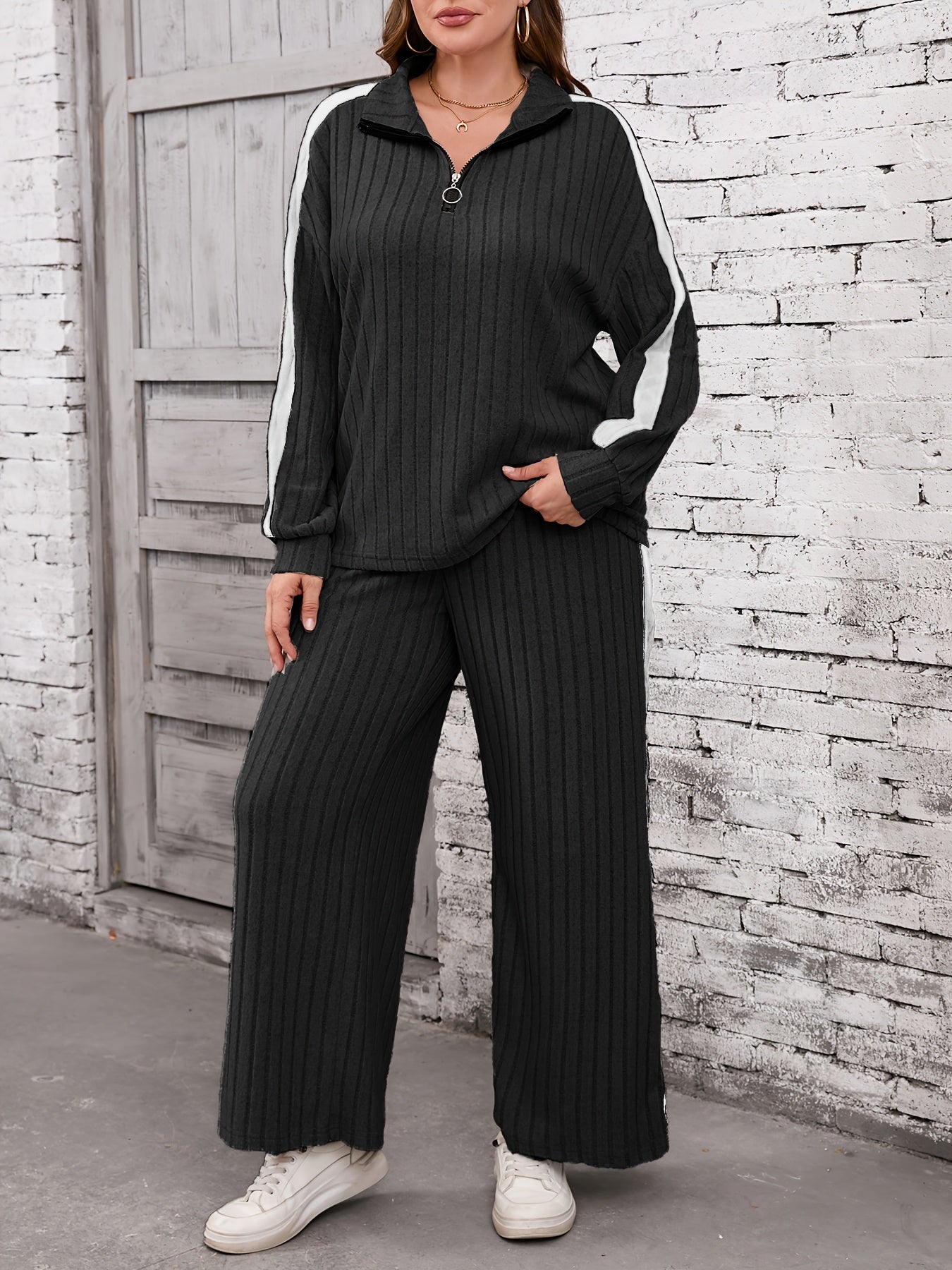 Color block pants set with long sleeve top and pants for fall, plus size women's clothing.