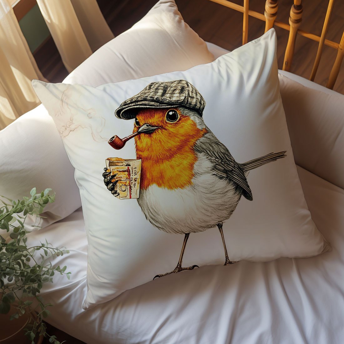 1pc of 44.96x44.96cm Single-Sided Printed Cushion Cover featuring Smoking Robin Retro Style. Made of polyester, zipper closure, machine washable. Ideal for living room, sofa, bedroom decor with contemporary flair.