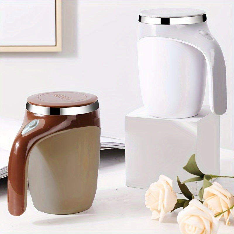 The self-stirring coffee mug with a lid features a 380ml reusable round cup made of ABS and stainless steel. It is USB charging with a magnetic rotating feature and built-in lithium battery. Additionally, it is machine washable.