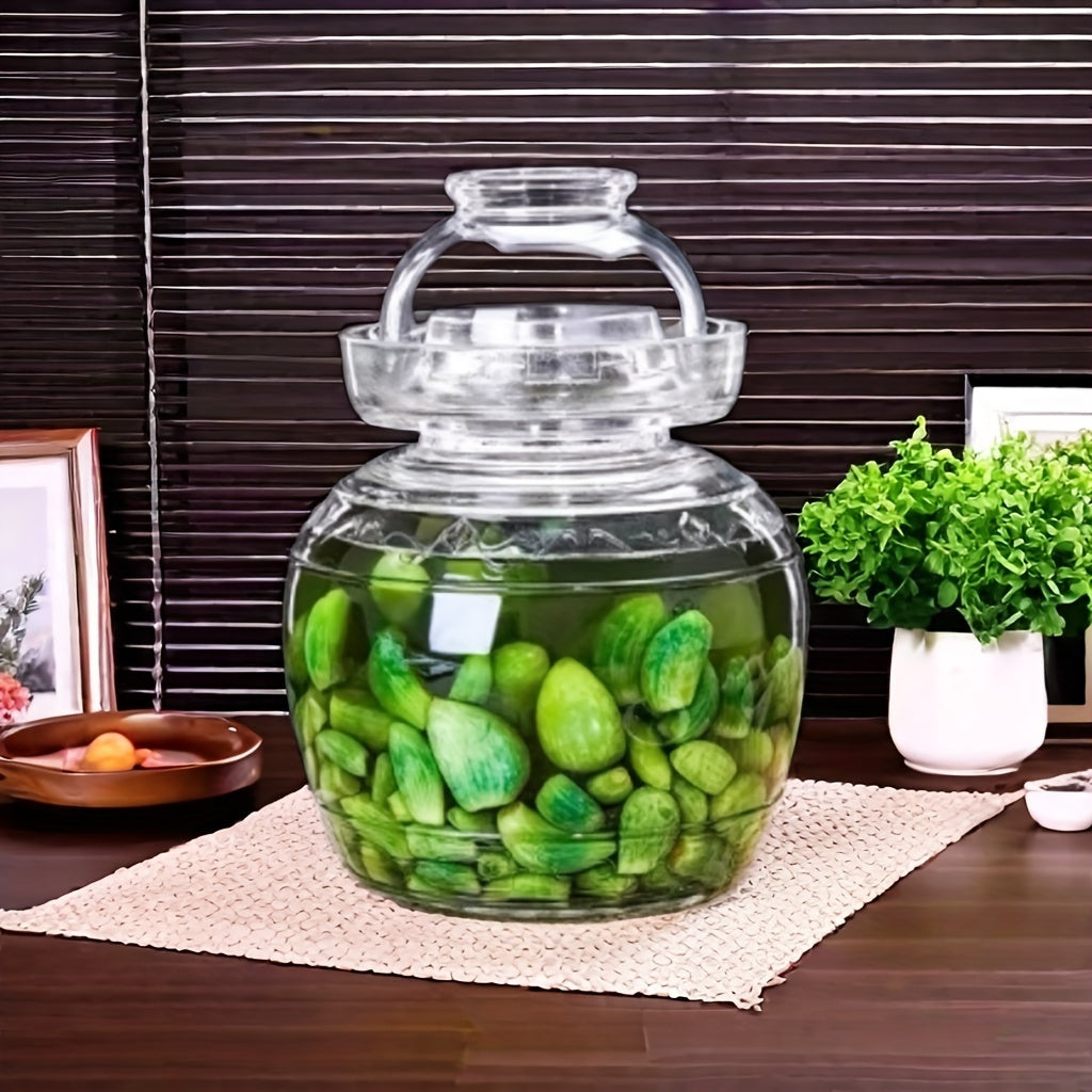 Glass fermentation jar with lid for pickling, 1500ml capacity, ideal for kimchi, sauerkraut, and more. Made of high borosilicate glass with water seal design.