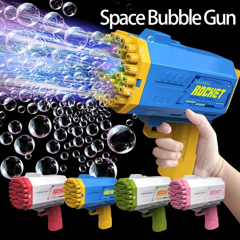 Portable electric bubble gun toy with 40 holes, colorful bubble streams, and mechanical style for summer parties and birthdays. Batteries and bubble solution not included. Safe and fun