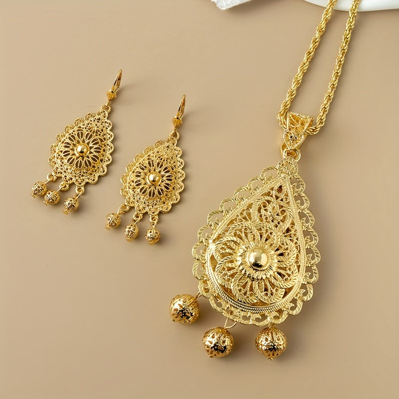 Vintage Luxury Double Layer Pendant Necklace and Earrings Set, 24K Golden Plated Zinc Alloy with Traditional Algerian Filigree Carving. Perfect for Weddings, Gifts, and Ramadan Holidays. Suitable for all Seasons. Ideal Bridal Jewelry Set.