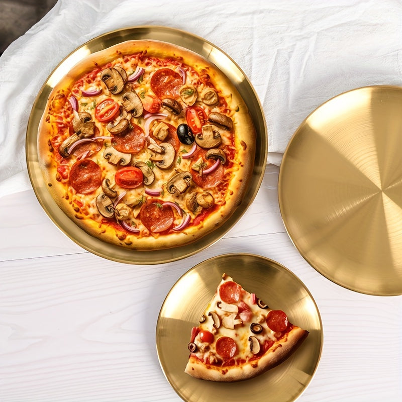 Multipurpose Stainless Steel Serving Platter in Elegant Gold Finish - Suitable for Pizza, Desserts, Steak, and More - Great for Holiday Gatherings - Round Tray for Home, Kitchen, or Restaurant - Safe for Serving Food