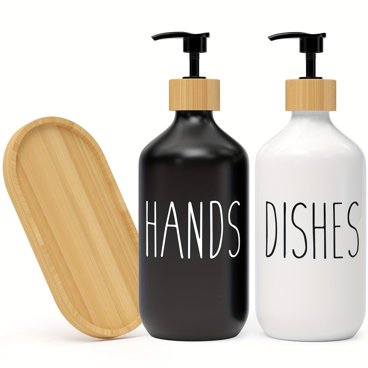 Set of 2 soap dispensers for hand and dish soap, with a countertop lotion bottle for bathroom use.